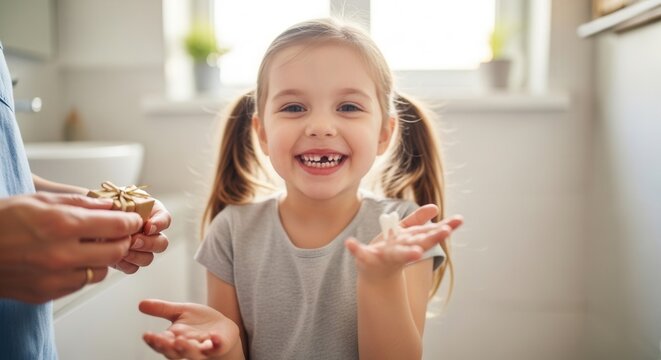 Joyful little girl with pigtails excitedly smiles, proudly showing her missing front tooth and holding a small white tooth in her hand, as an adult presents a tiny gift box, celebrating a cherished.