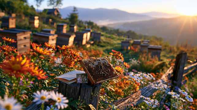 Rows of wooden beehive boxes across a misty quiet rural hillside at dawn, a symbolic arrangement of a single open frame honeycomb resting beside a folded document and small family portrait on a weat