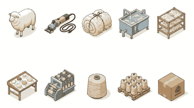 Collection of sheep farming and wool production icons in isometric style.