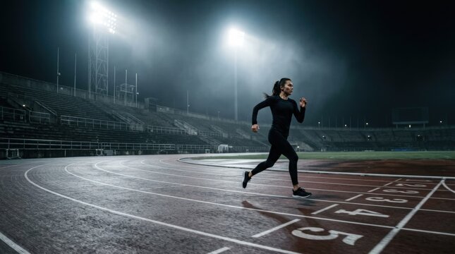 Female Athlete Sprinting on Track at Night under Stadium Lights