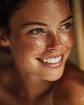 Close up portrait of woman with natural freckles and genuine smile in soft morning window light showing unfiltered healthy glowing complexion, authentic beauty and self acceptance lifestyle concept
