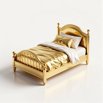 Luxury Golden Bed with White Linens on White Background