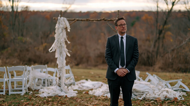 Wedding officiant in formal attire standing beneath an overcast dramatic autumn sky beside an empty outdoor ceremony arch, fabric ribbons tangled and chairs blown sideways from a recent storm, a sol