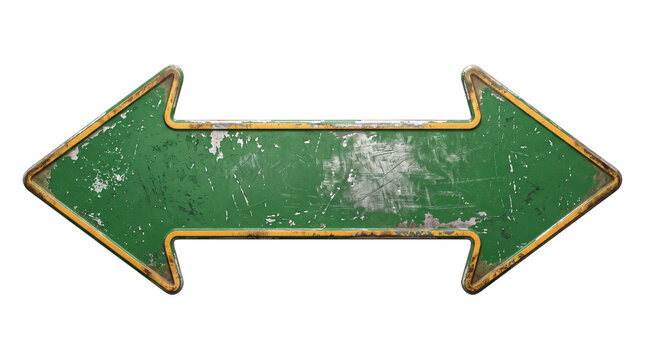 Distressed green double headed arrow sign with yellow border, vintage metal direction symbol isolated as transparent PNG cutout for navigation design