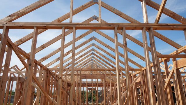 Wooden house frame with roof trusses under construction isolated on white background