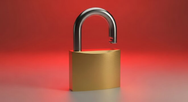 A gold padlock with its shackle up on a red background illustration