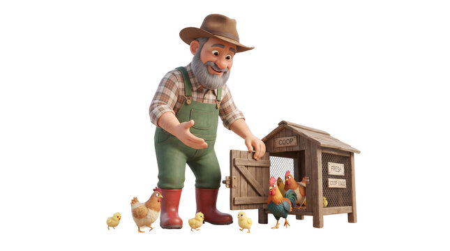 Friendly senior farmer tending to chickens, 3D character with wooden coop and chicks, organic poultry farming concept on white background