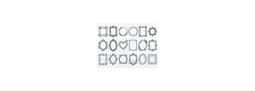 Collection of ornate vintage frames in various geometric shapes on white background