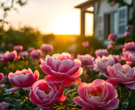 Jardin de roses roses en pleine floraison devant une maison, illumin&eacute; par la lumi&egrave;re dor&eacute;e du coucher de soleil, cr&eacute;ant une atmosph&egrave;re paisible et romantique