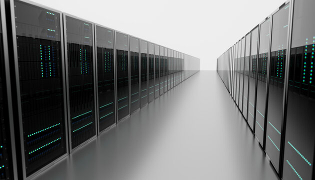 Long aisle of black server racks in a modern data center
