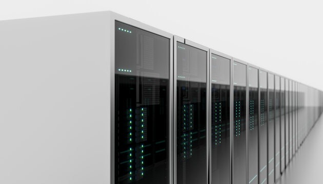 A row of server racks with illuminated lights in a data center