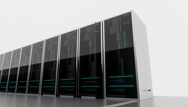 A row of server racks in a data center with illuminated indicator