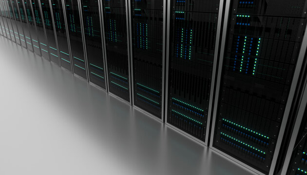 A row of server racks with status lights in a modern data center
