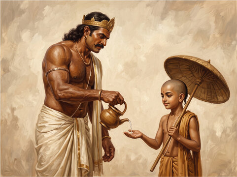 King Mahabali and Vamana Illustration &ndash; Asura King Kneeling Before Brahmin Dwarf, South Indian Onam Mythology Art