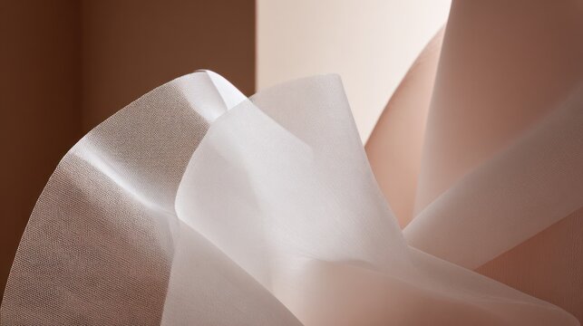 Delicate white silk and tulle fabric intertwining under soft light