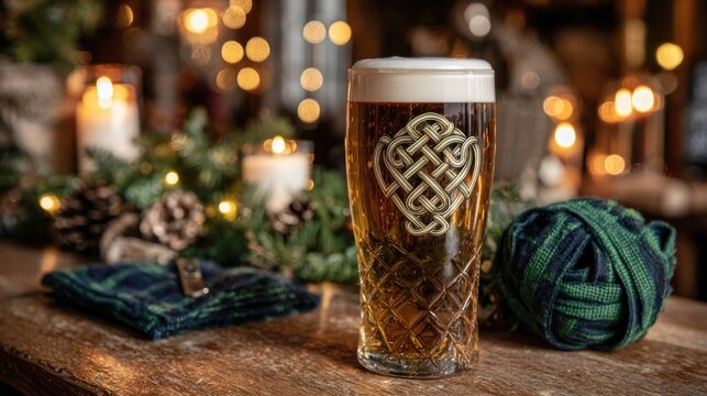 Golden beer in a pint glass with celtic knotwork design on a wooden table