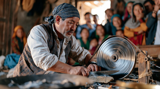 A knife sharpener works at a wheeled stone in a modest home workshop, close crowd of family members watching from a hallway doorway as he demonstrates a technique tied to an indigenous sharpening ce