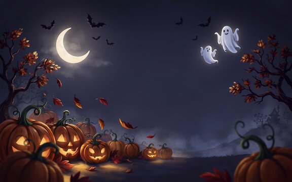 Halloween night background with glowing jack-o-lantern pumpkins, flying bats, and friendly ghosts under a crescent moon in an autumn landscape.