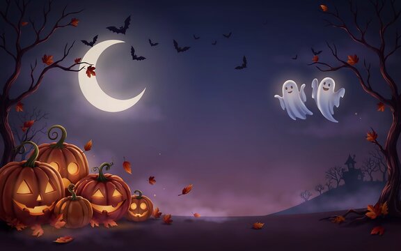 Halloween night background with glowing jack-o-lantern pumpkins, flying bats, and friendly ghosts under a crescent moon in an autumn landscape.