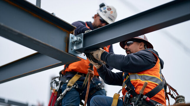 A multicultural crew of steel erectors securing a beam joint in early morning mist high above an urban construction site, harnesses and hard hats visible as the fog softens the rising skeleton of a 