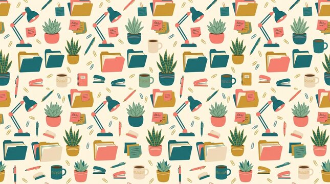 Seamless Office Elements Pattern Workplace Lifestyle Textile Print