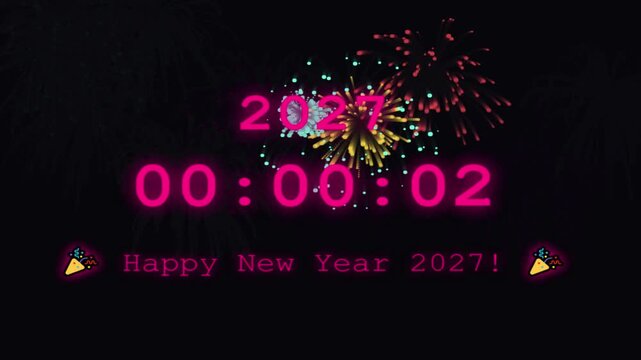 Glowing cyan digital clock countdown showing year 2026 counting down to New Year 2027 on dark background motion graphic loop