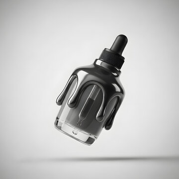 Glass Dropper Bottle with Dripping Black Serum on White Background