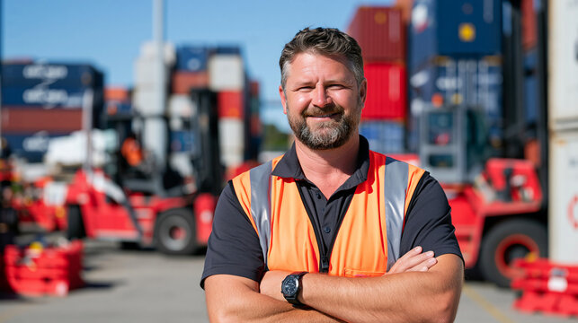 A port operations manager in a high visibility vest strides through a busy harbour backdrop, framed as a single professional against towering shipping containers, a weathered expression carrying the