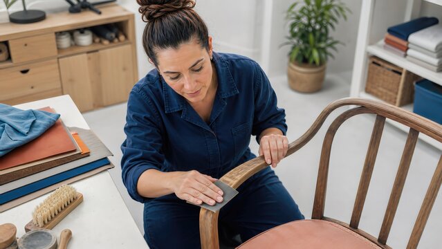 Female artisan refinishing wooden chair arm with sandpaper in a bright workshop, surrounded by tools and materials for furniture restoration