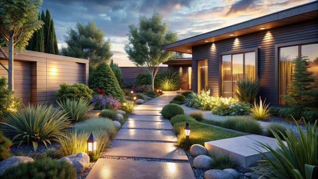 Modern garden path in a midcentury suburban home with integrated lighting that complements native plants