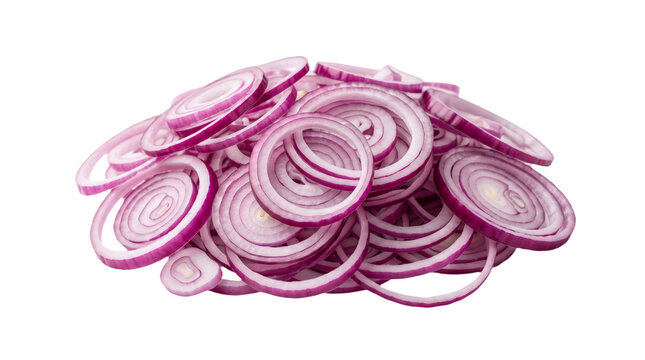 Fresh red onion rings sliced into thin circular pieces, isolated transparent PNG cutout for cooking, salad garnish, healthy vegetable ingredient