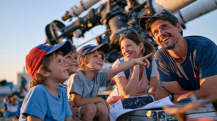 Obraz premium A stargazing guide with his family of four arranged beside a large industrial telescope mount at a remote observatory yard, children pointing skyward, star charts spread across a metal equipment cas