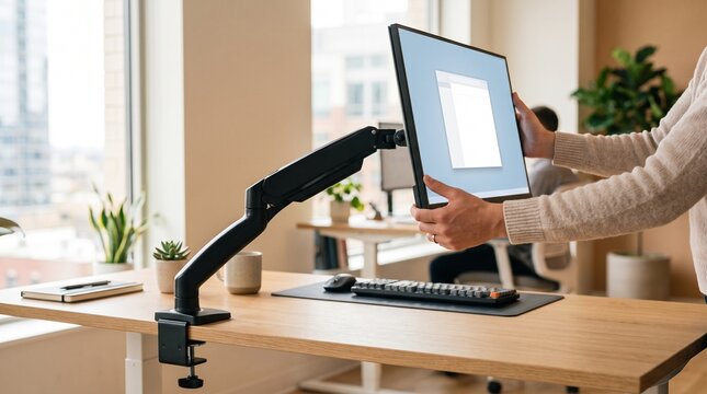 Hands Adjusting Monitor Arm for Ergonomic Desk Setup and Cable Organization