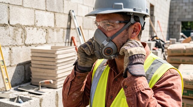 Masonry worker checks respiratory protection in midday sun