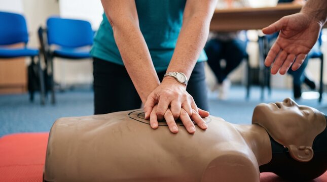 Aligned hands practice CPR compressions in class