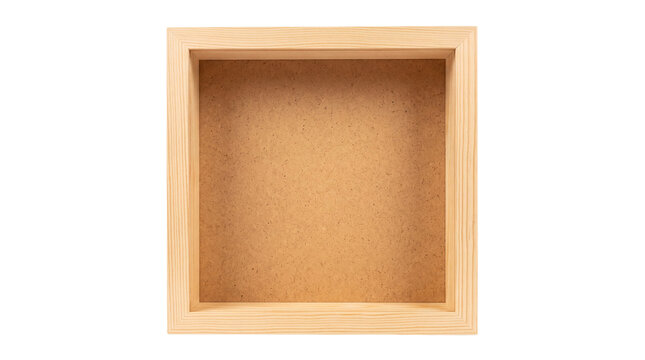 Square wooden shadow box frame with cardboard backing, empty natural pine display tray mockup isolated as transparent PNG cutout for craft design