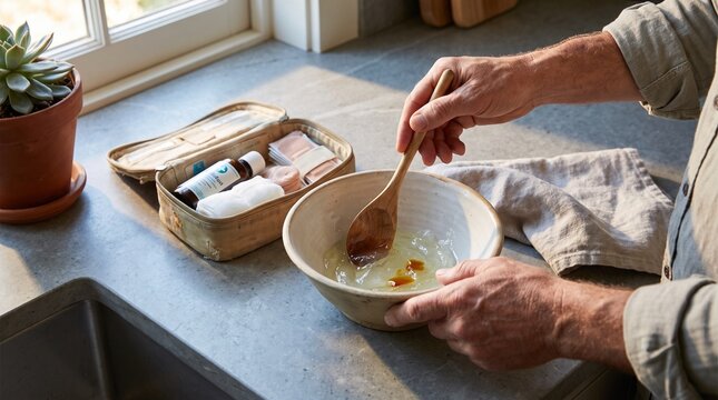 Hands Mixing Aloe Vera Gel Antiseptic First Aid Bowl