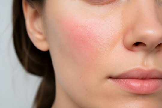 Young woman with mild temporary reactive skin redness