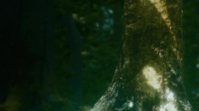 Sunlight filters through leaves, creating patterns on the bark of a tree in the forest. The scene shows vibrant greenery all around the trunk, highlighting natures details.