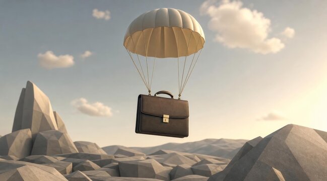 A business briefcase parachuting down into a rocky desert landscape.