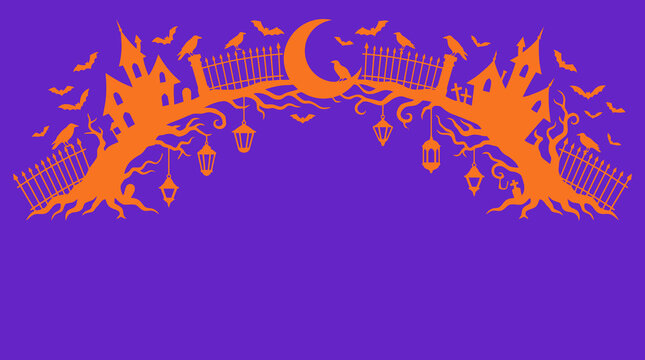 A vibrant halloween background vector illustration featuring spooky flames crescent moons and bats against a deep purple night sky perfect for seasonal designs