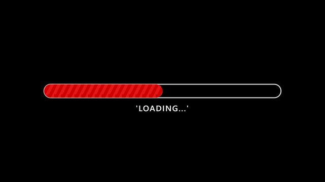 Minimalist red progress bar with loading text status indicator isolated on black background