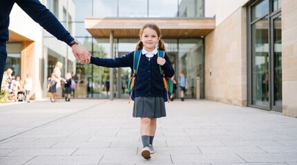 Naklejka premium Young girl with backpack holding hand of adult, walking towards school entrance on first day of school, modern building and students visible in background