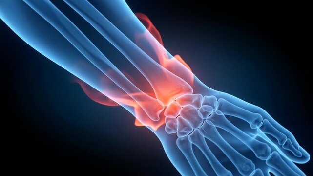 Human arm xray showing wrist joint inflammation and bone pain