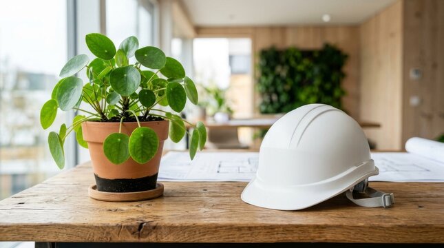 White construction hard hat and green plant on a wooden desk in an office.