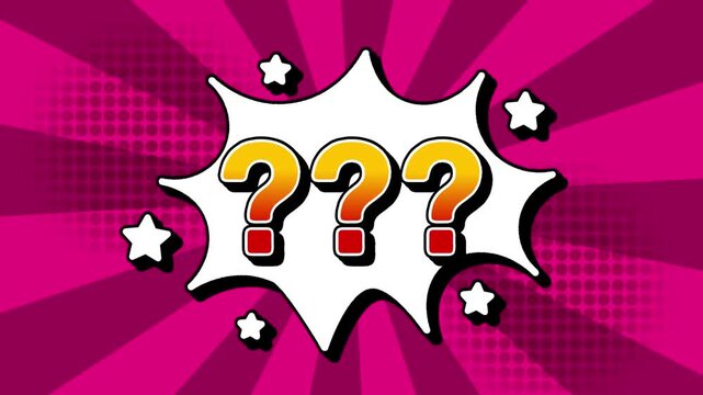 Question mark text word lettering popup comic cartoon reveal with bomb and smoke explosion manga anime book page dots with radial speed lines doodle pink background with seamless loop animation retro