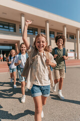 Obraz premium Happy Schoolgirl Raising Arm and Running Outdoor with Friends After School Classes
