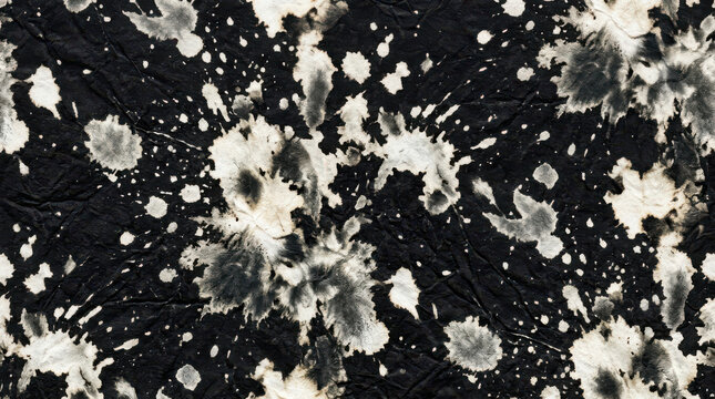 Bleached black fabric texture, monochrome tie dye pattern with white splatters, abstract ink wash textile background