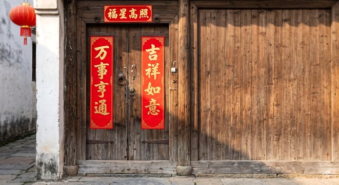 Traditional Chinese wooden doorway decorated with red couplets and lantern for Lunar New Year celebration, symbolizing prosperity, good fortune and happiness in an old village setting