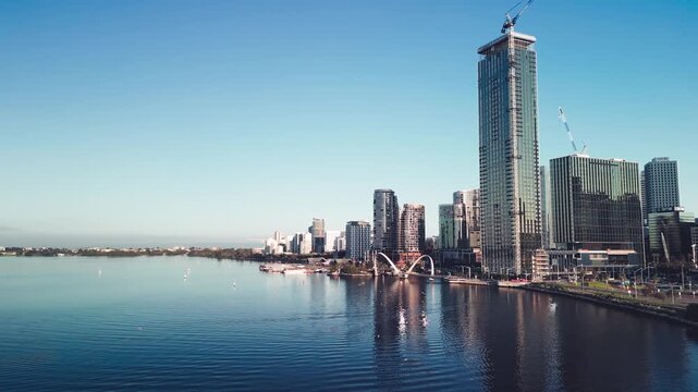 Aerial drone view of Elizabeth Quay Bridge and Perth